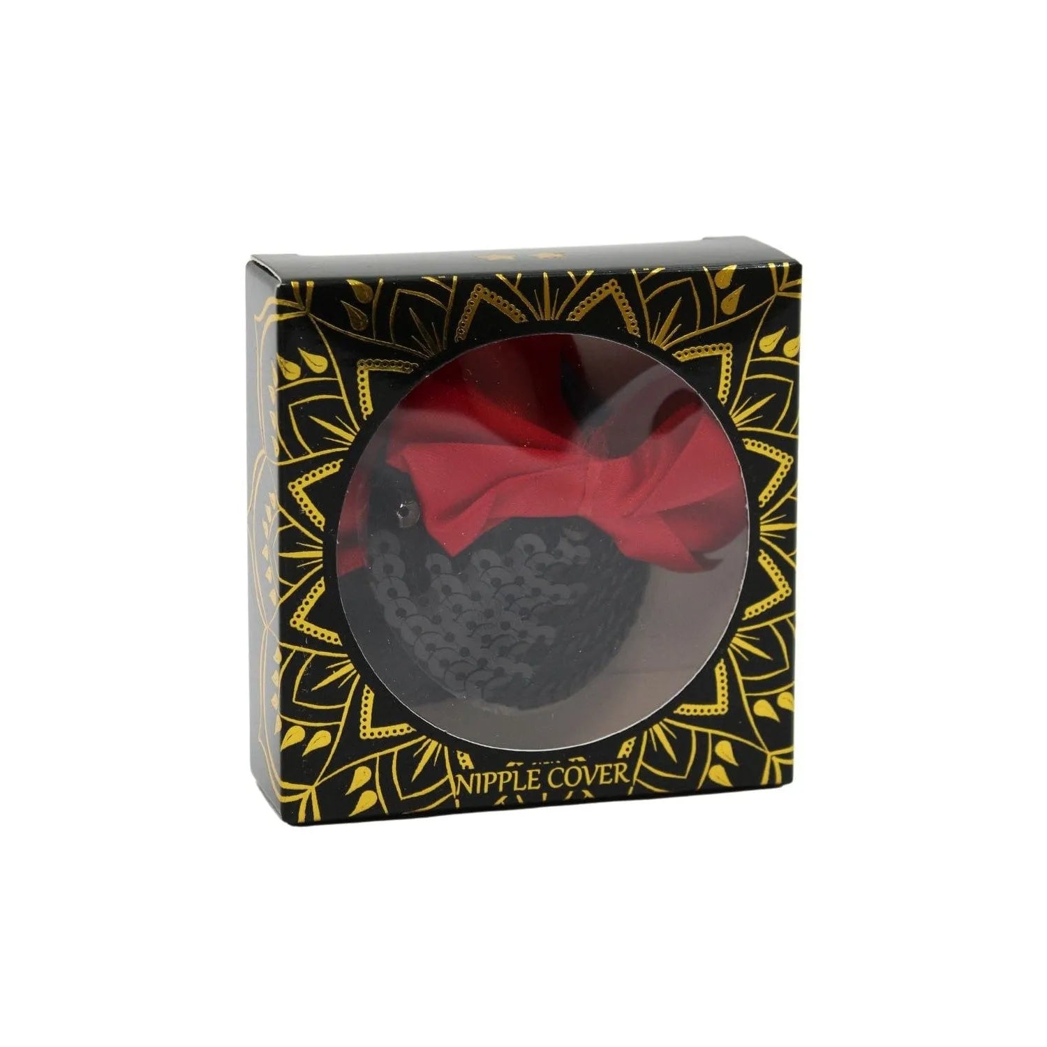 Cache tétons en satin noir avec nœud rouge, élégant et raffiné, dans une boîte décorative, idéal pour soirées glamour.