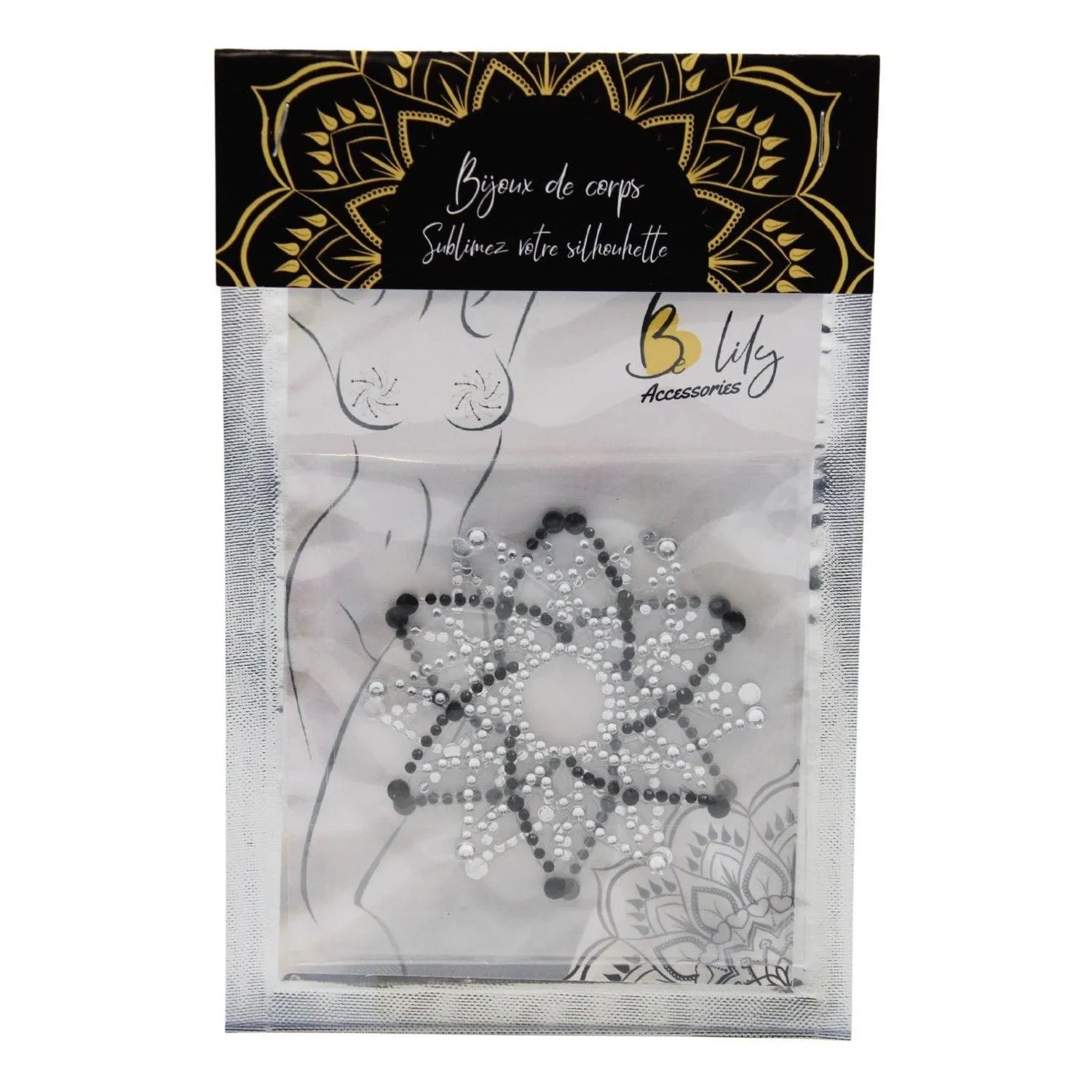 Cache-tétons étoile strass noir blanc, adhésifs réutilisables, glamour et confortables, en PETP et acrylique.