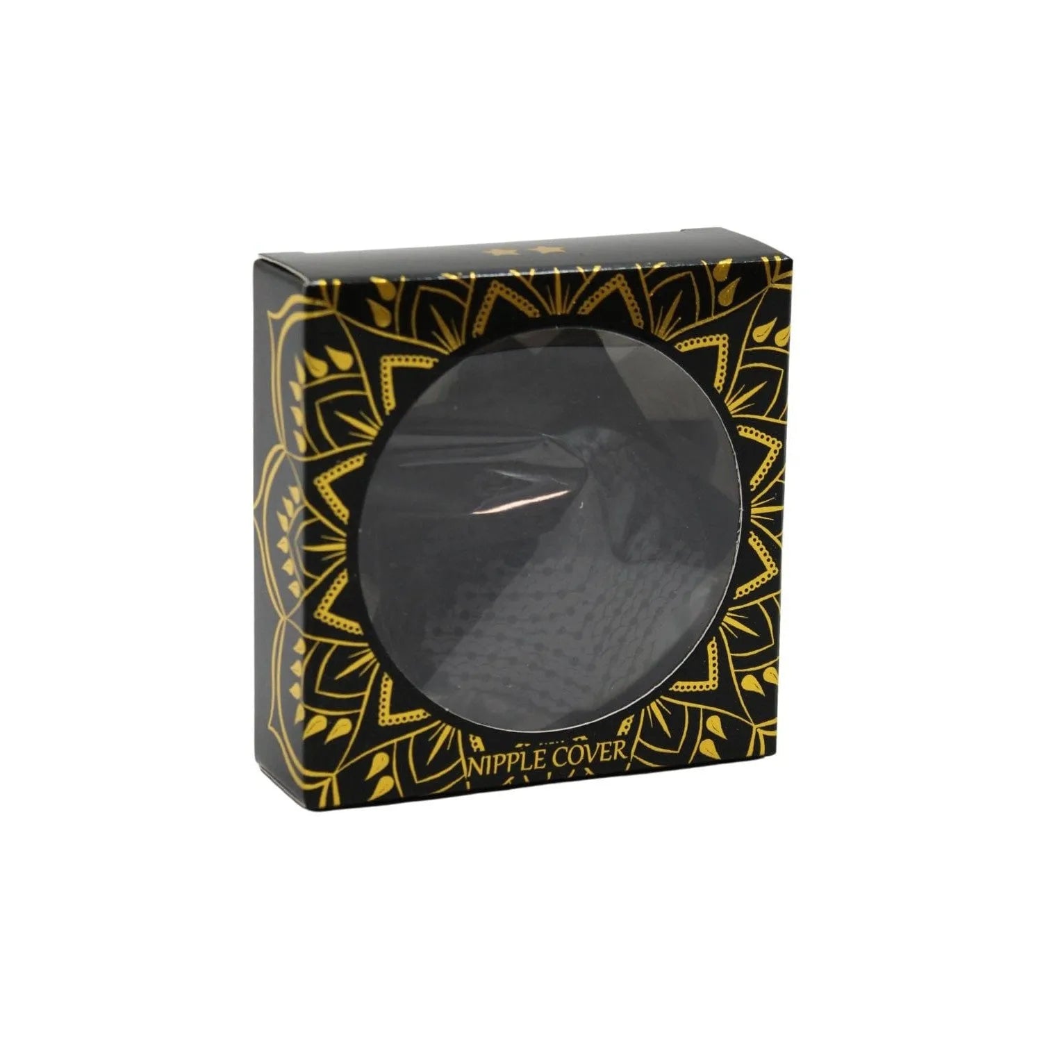 Caches mamelons adhésifs étoiles sequins noirs, brillants, réutilisables, dans une boîte noire décorative avec motifs dorés.