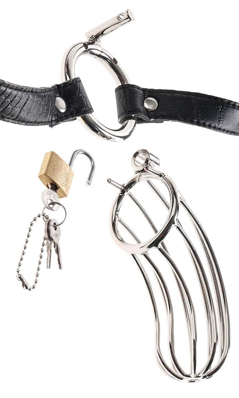 Cage pénis acier inoxydable poli, ceinture cuir serpent réglable, cadenas et clés, chasteté masculine élégante.