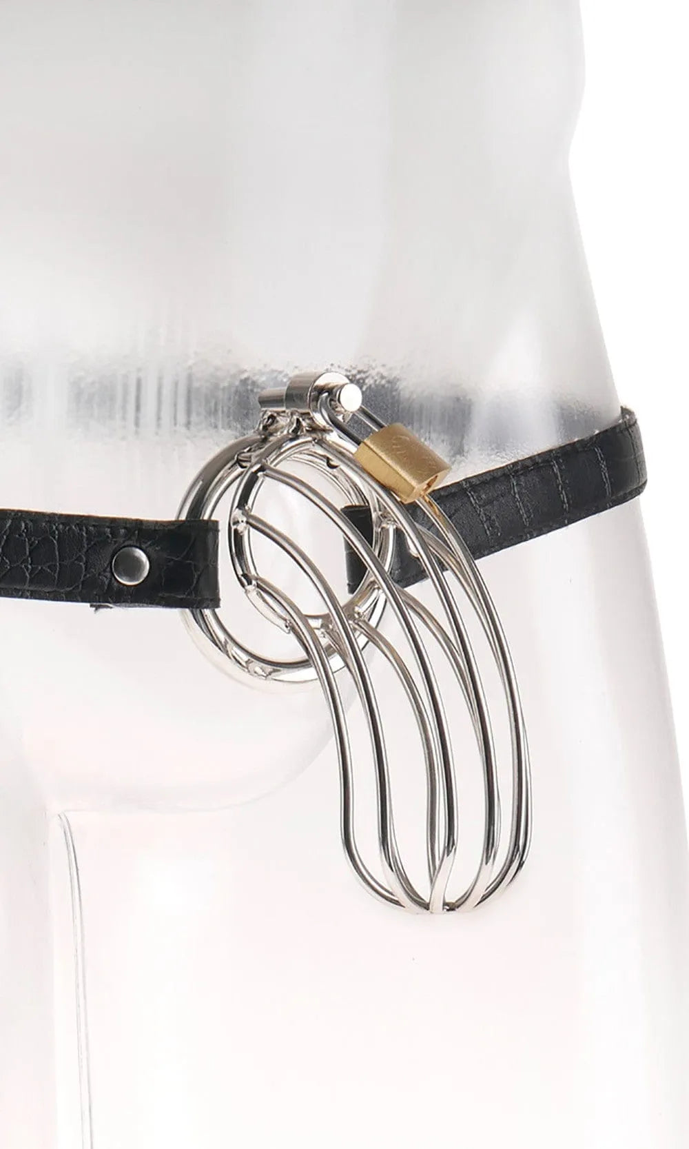 Cage pénis acier inoxydable poli, ceinture cuir motif serpent réglable, Ø 3,5 cm, longueur 15 cm, chasteté élégante.