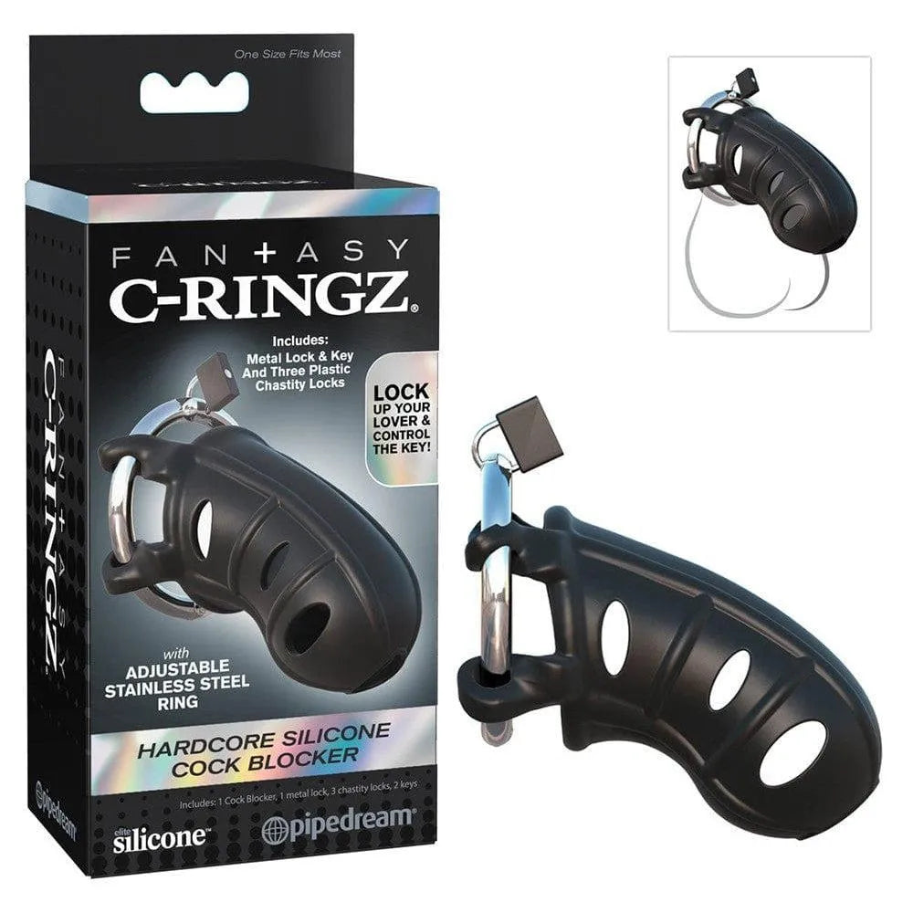 Cage de chasteté noire en silicone et acier, cadenas inclus, anneau réglable, emballage visible, sécurité et discrétion.