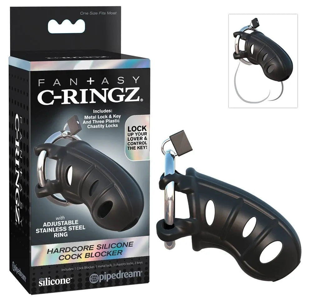 Cage de chasteté noire en silicone et acier, avec cadenas, anneau réglable, sur fond blanc, emballage visible.