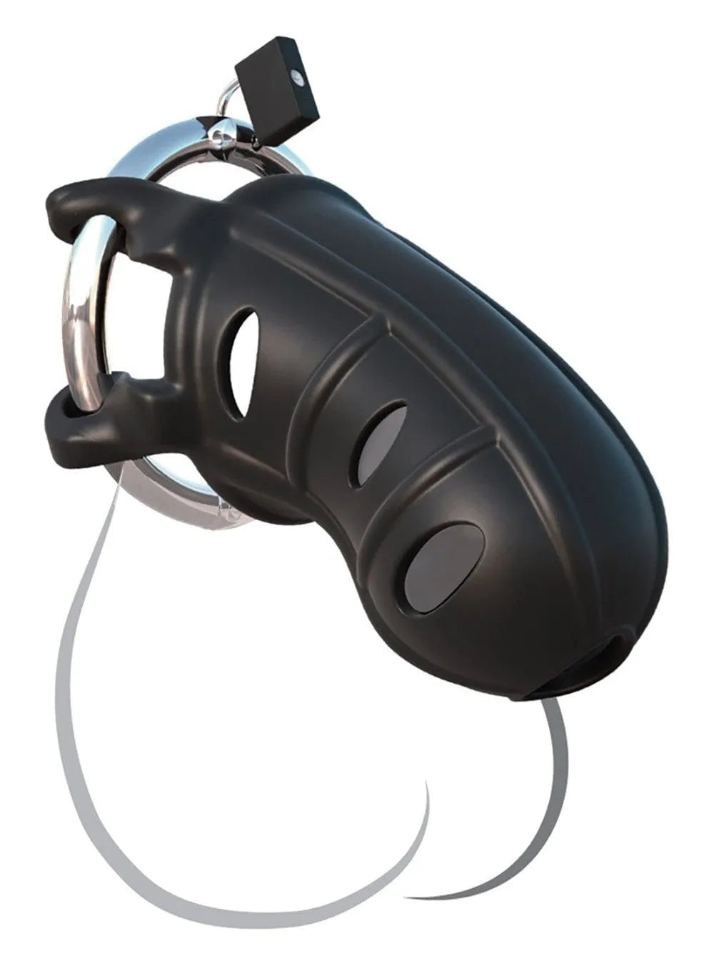 Cage de chasteté noire en silicone et acier, verrouillable, avec anneau pénien réglable et cadenas, discrète et sécurisée.