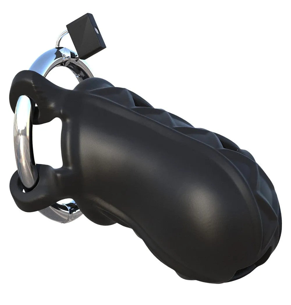 Cage chasteté noire en silicone avec anneau pénien réglable en acier, cadenas inclus, design ergonomique et sécurisé.