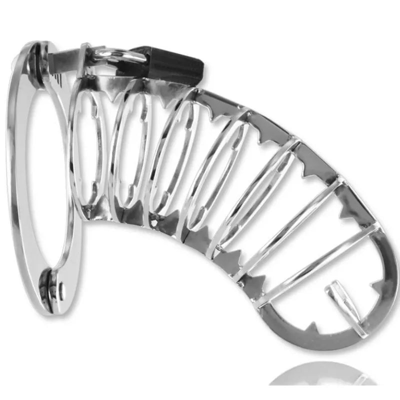 cage chasteté acier inoxydable réglable anneau ajustable sept anneaux quatre pointes menottes cadenas clés confort durable quatorze centimètres