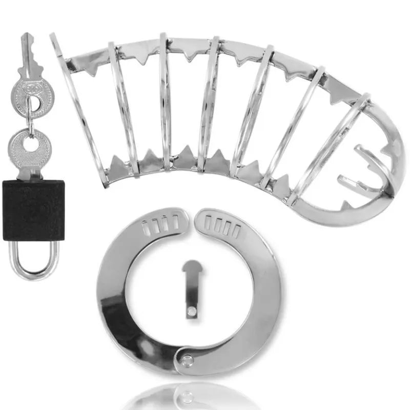Cage de chasteté en acier inoxydable avec anneaux ajustables et pointes, cadenas et clés, design sécurisé et durable.