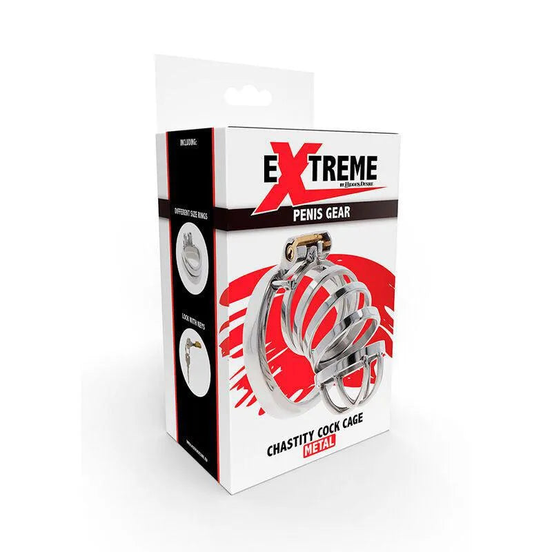 Cage de chasteté en acier inoxydable, design ergonomique, finition polie, sécurité et confort, emballage rouge et blanc.