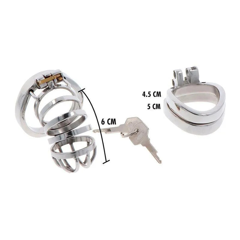 Cage de chasteté inoxydable argentée, ajustable, avec serrure et clés, design ergonomique et discret, 6 cm de long.