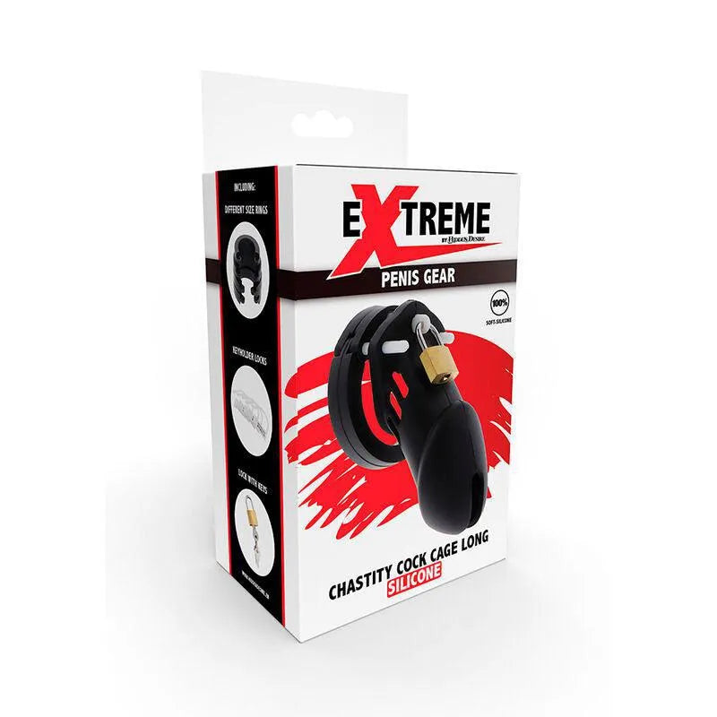Cage de chasteté en silicone noire, ajustable et discrète, avec verrou sécurisé, sur boîte blanche et rouge.