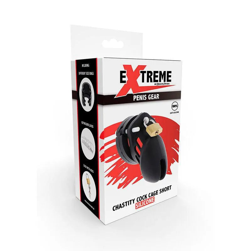 Cage chasteté silicone noire ajustable, ergonomique, hypoallergénique, avec verrou sécurisé, sur fond blanc.
