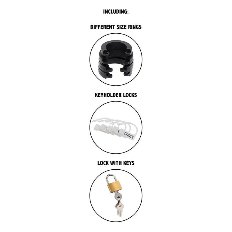 Cage de chasteté silicone noire ajustable avec anneaux de tailles variées, serrure sécurisée et cadenas avec clés.
