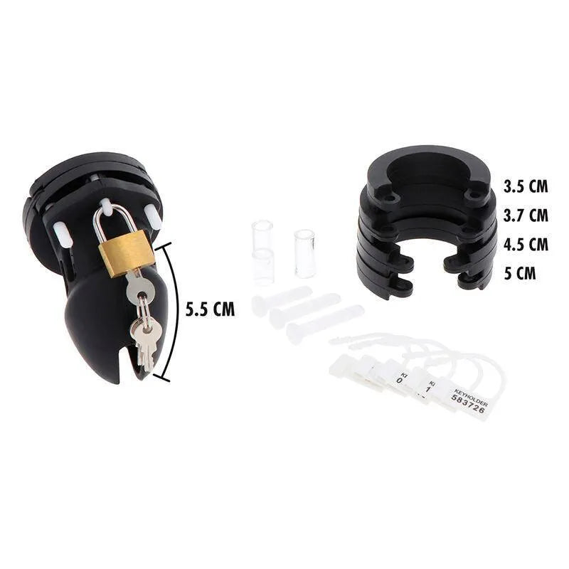Cage de chasteté silicone noire ajustable avec cadenas, anneaux interchangeables, hypoallergénique et discrète.