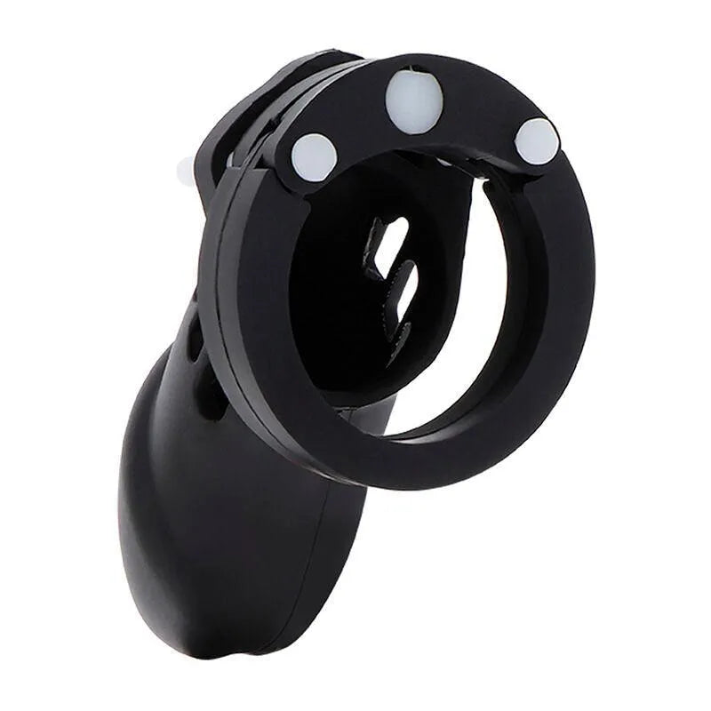 Cage de chasteté silicone noire ajustable, profil bas, verrouillage sécurisé, design anatomique et discret.