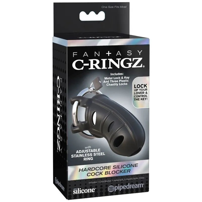 Cage de chasteté noire en silicone ventilée avec anneau réglable, légère, sécurisée, sur fond d'emballage noir et bleu.