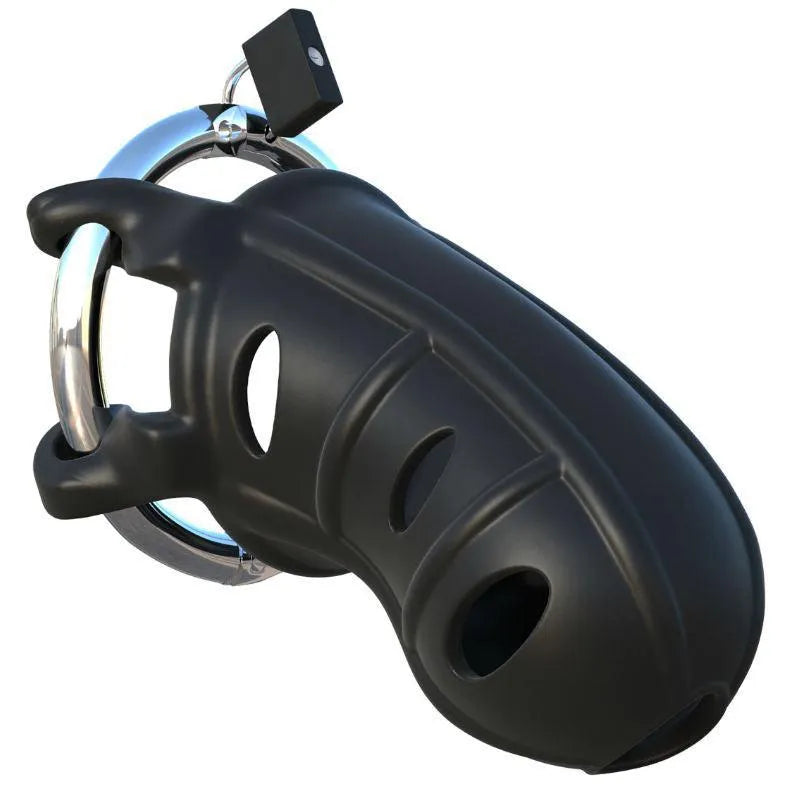 Cage de chasteté noire en silicone ventilée, anneau inoxydable, design ergonomique et sécurisé, confort discret.