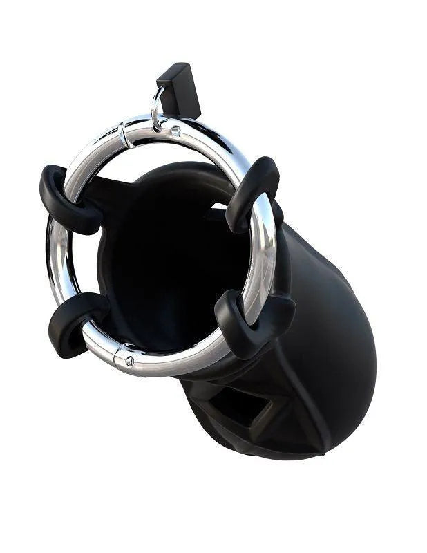 Cage chasteté silicone noire, respirante, ajustable, avec anneau acier inoxydable, pour débutants, hypoallergénique.