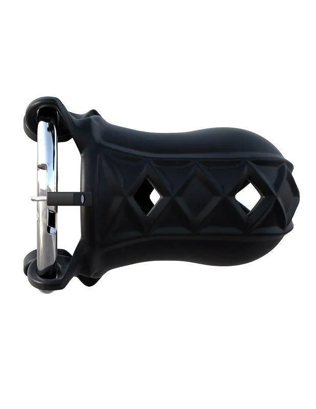 Cage de chasteté noire en silicone respirant, design ergonomique et sécurisé, idéale pour débutants, avec verrou en acier.