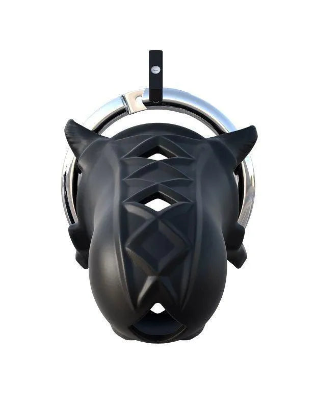 Cage de chasteté noire en silicone respirant, design ergonomique, ajustable, avec anneau en acier inoxydable.