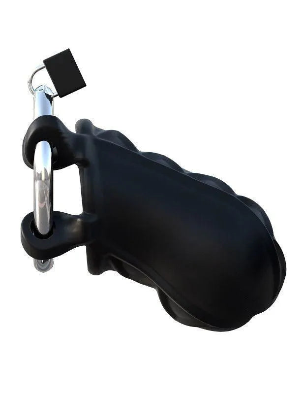 Cage de chasteté noire en silicone, design ventilé, ajustable, avec anneau en acier inoxydable pour débutants.