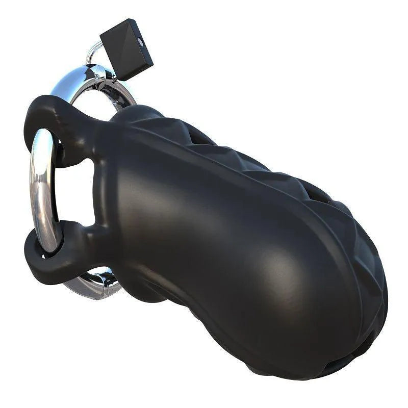 Cage de chasteté silicone noire, respirante et ajustable, avec anneau en acier inoxydable, idéale pour débutants.