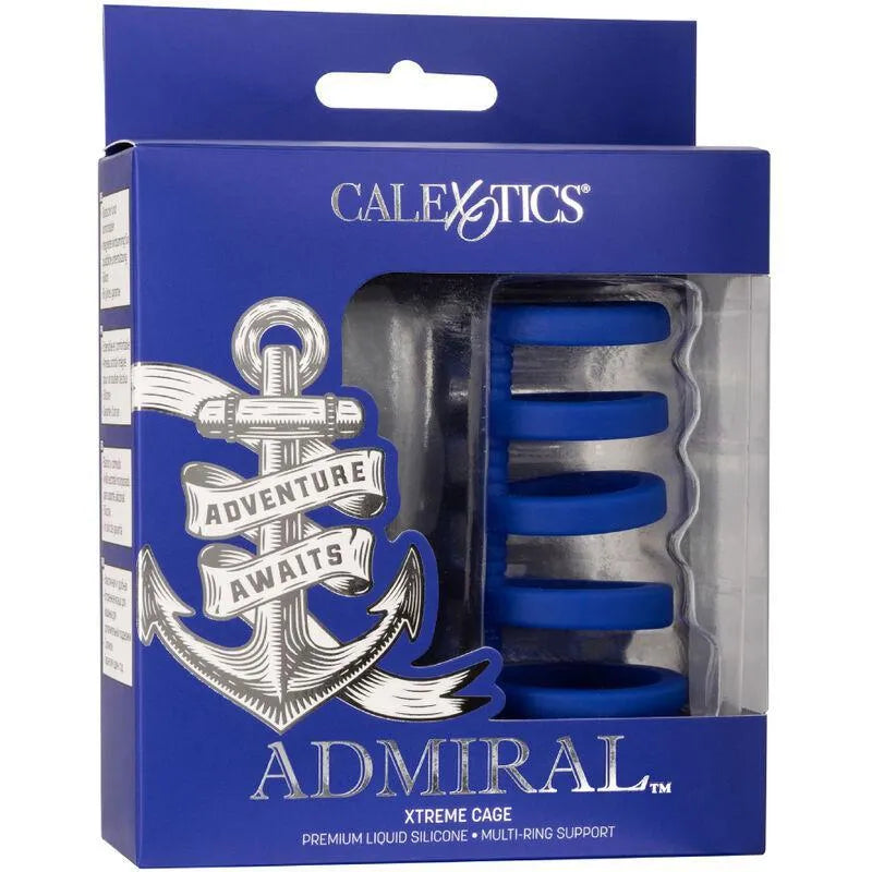 Cage pénienne bleue en silicone liquide avec anneaux multiples, emballage bleu et logo ancre, soutien érection.