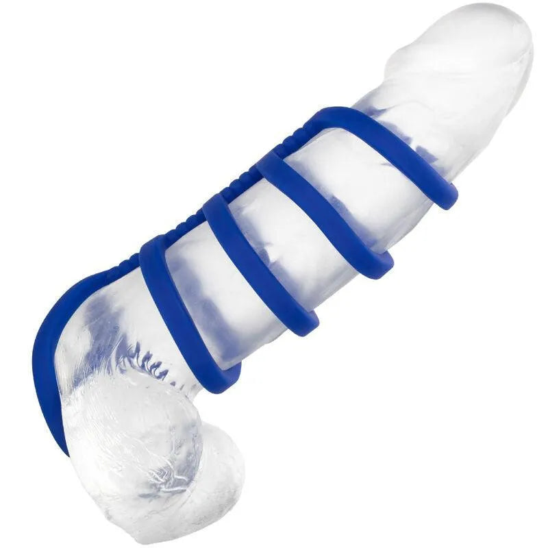 Cage pénienne en silicone liquide transparente avec anneaux bleus, douce, lisse, extensible et hypoallergénique.