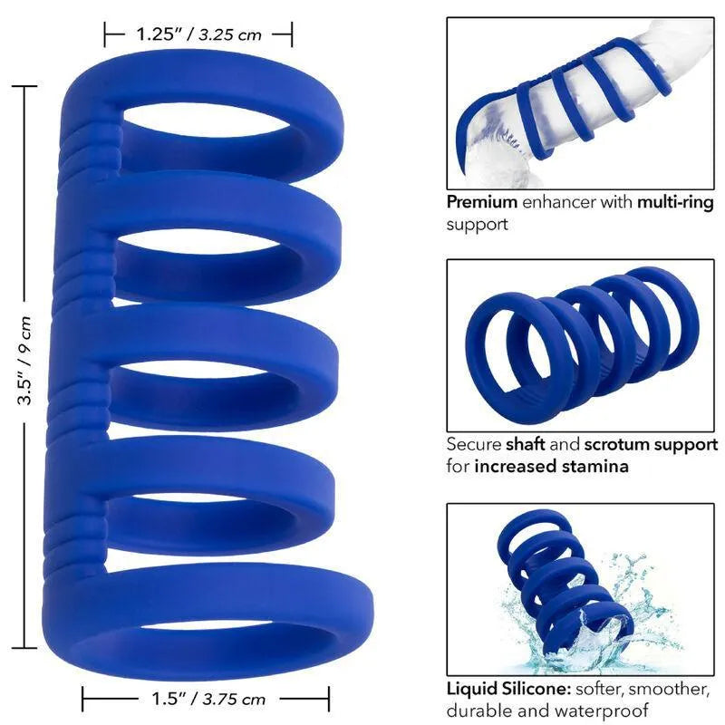 Cage pénienne bleue en silicone liquide, multi-anneaux, douce, durable, extensible, soutien érection, imperméable.