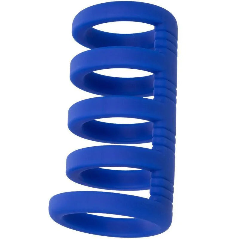 Cage pénienne silicone bleu, multi anneaux, douce, lisse, extensible, soutien érection, hypoallergénique, imperméable.