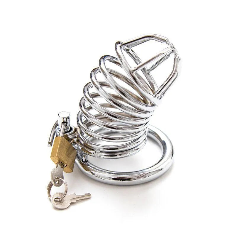Cage pénis métal argenté, spirale acier inoxydable, serrure robuste, clés ergonomiques, anneau testiculaire adaptable.