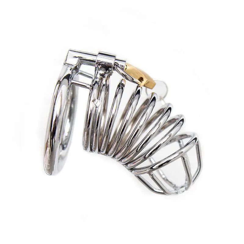 Cage pénis en acier inoxydable hypoallergénique, design spiralé, serrure robuste, anneau testiculaire ergonomique.