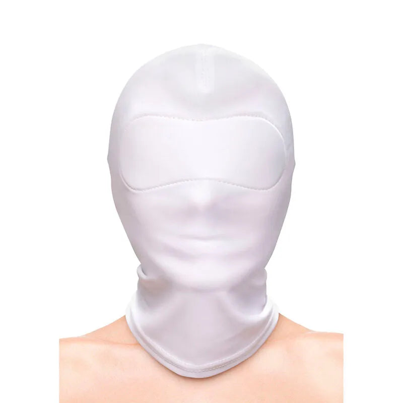 cagoule BDSM blanche nylon doux intégrale ajustable taille unique extensible respirante soyeuse hypoallergénique confortable mystérieuse privation sensorielle