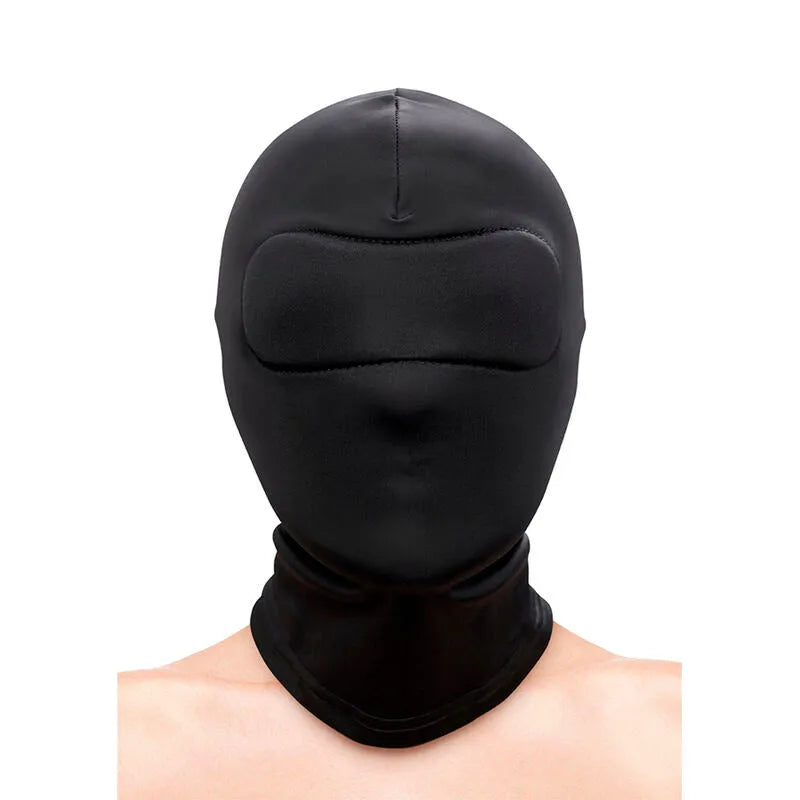 cagoule nylon noir élastique doux tailleunique ajustable confortable privation sensorielle intégrale mystérieuse séduisante intime jeu BDSM lavable