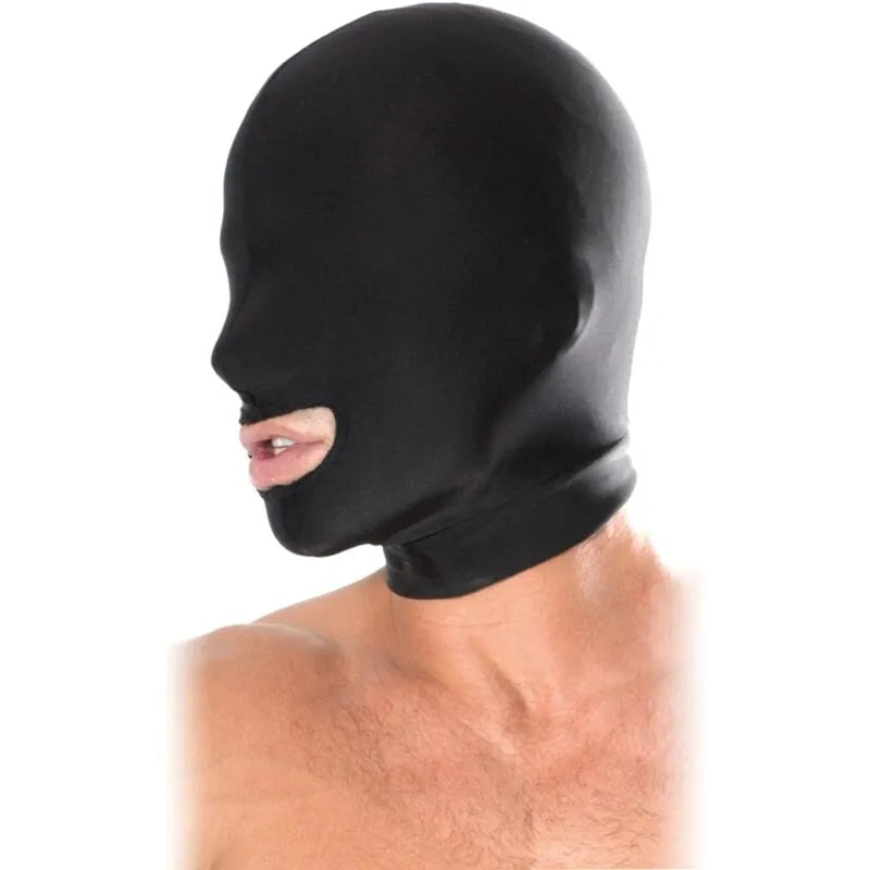 Cagoule Élasthanne Noire Brillante Extensible Ergonomique Respirante Légère Bouche Ouverte Vision Altérée Sens Amplifiés Confort Discrétion Fétichiste Sensuelle
