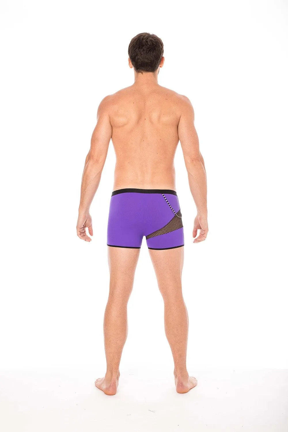 Boxer violet homme avec filets et cordelettes latérales, design tendance et confortable, vue de dos.
