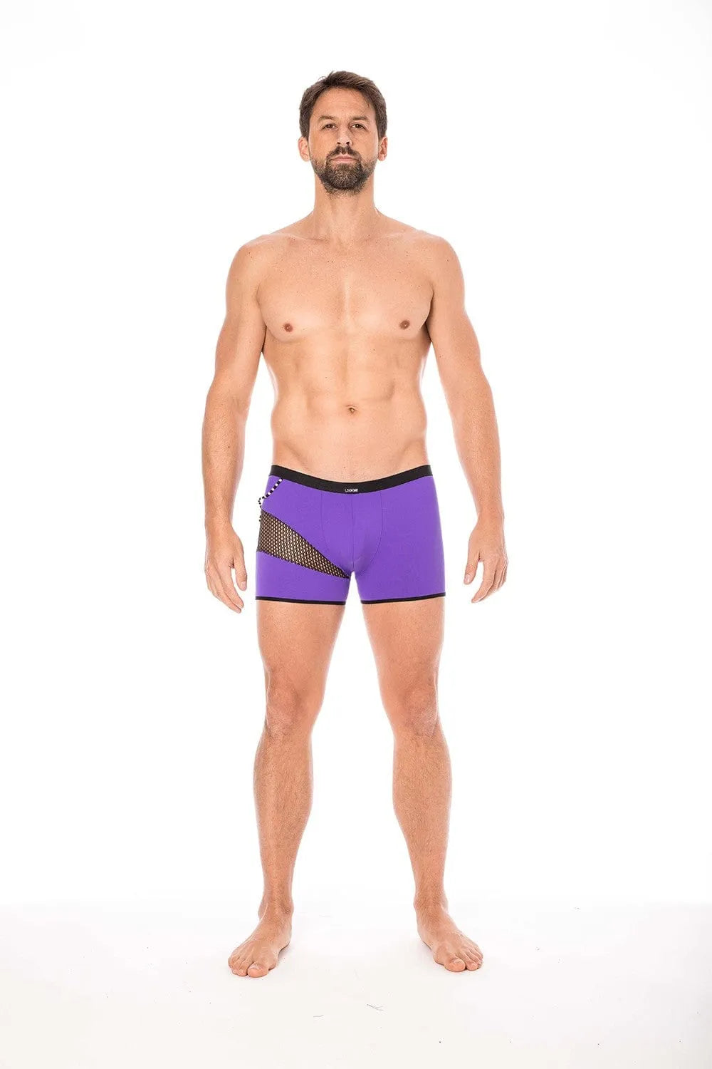 Boxer violet pour homme avec filets et cordelettes latérales, design tendance et confortable, en polyamide élasthanne.