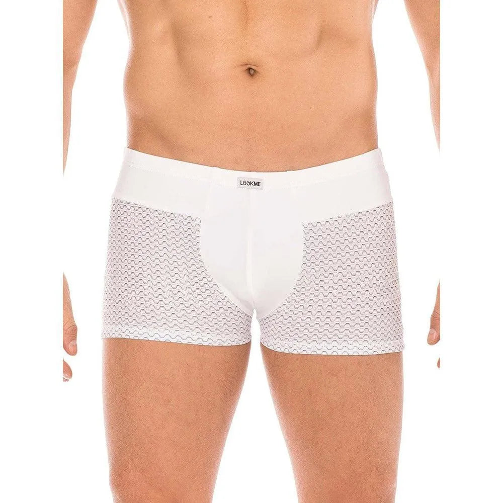 caleçon homme sexy boxer blanc ceinture large motifs géométriques noirs doux confortable respirant seconde peau polyamide spandex extensible