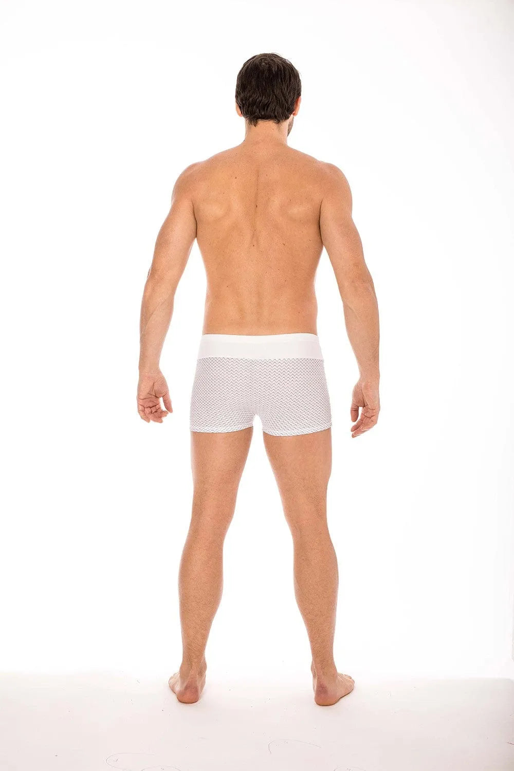 Boxer homme blanc ceinture large, motifs géométriques noirs, ajusté, confortable, respirant, polyamide spandex extensible.