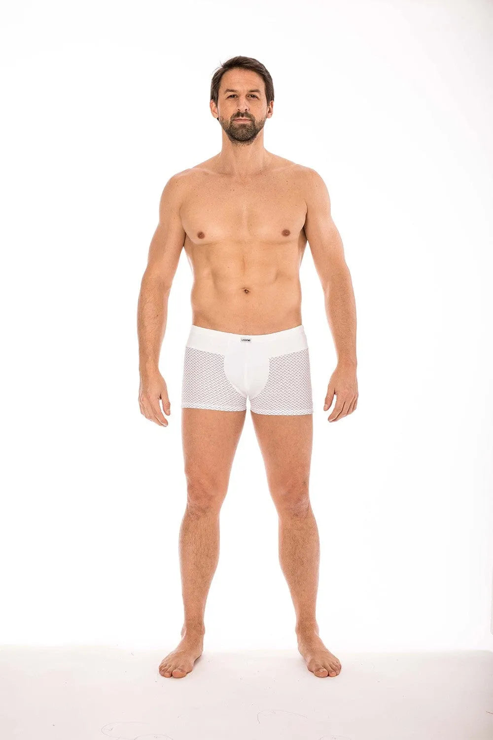 Boxer homme blanc motifs géométriques noirs, ceinture large, doux, respirant, extensible, LOOKME Classic.