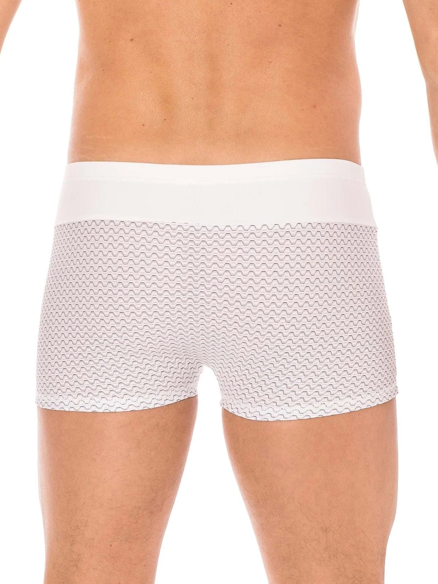 Boxer homme blanc ceinture large, motifs géométriques noirs, doux et respirant, effet seconde peau, polyamide spandex.