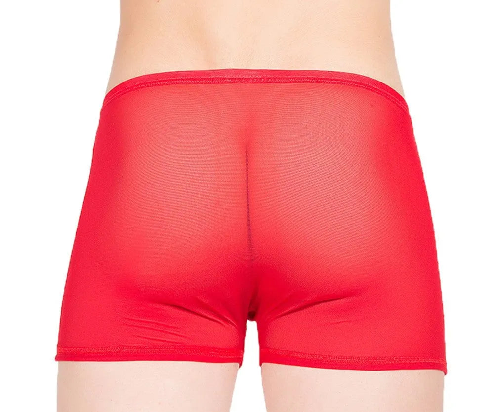 Boxer homme rouge transparent en résille fine, coupe moderne, tissu léger et respirant, style sexy et confortable.