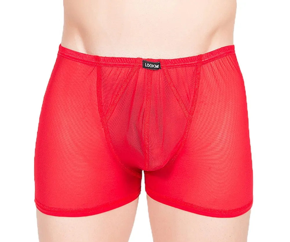 Caleçon homme rouge transparent en résille fine, coupe ajustée, style sexy et moderne, en polyamide et élasthanne.