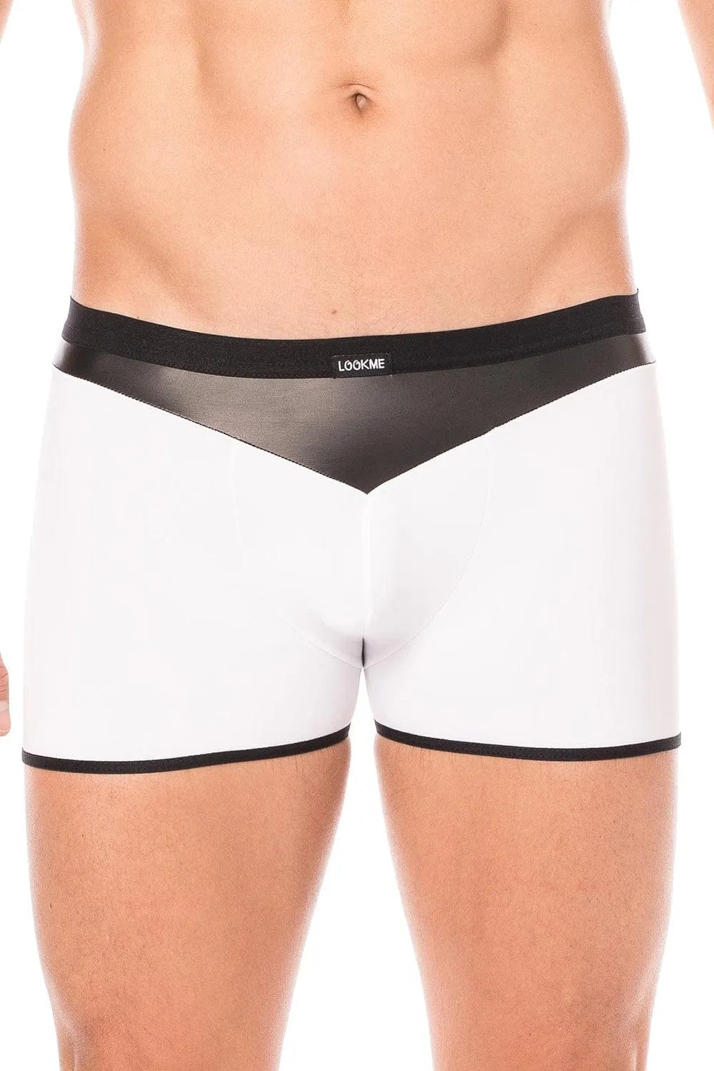 Boxer moulant blanc avec bande simili cuir noir, design audacieux, tissu doux et opaque, collection DARK SUN.
