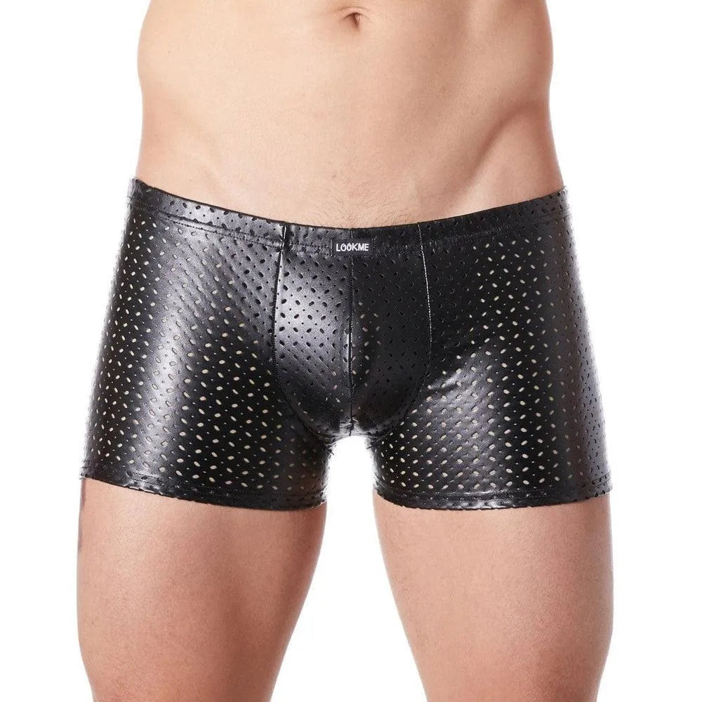 Caleçon Moulant Homme Sexy Séducteur Noir Vinyle Effet Fétichiste Luxueux Brillant Ajouré Trous Discrets Extensible Confortable