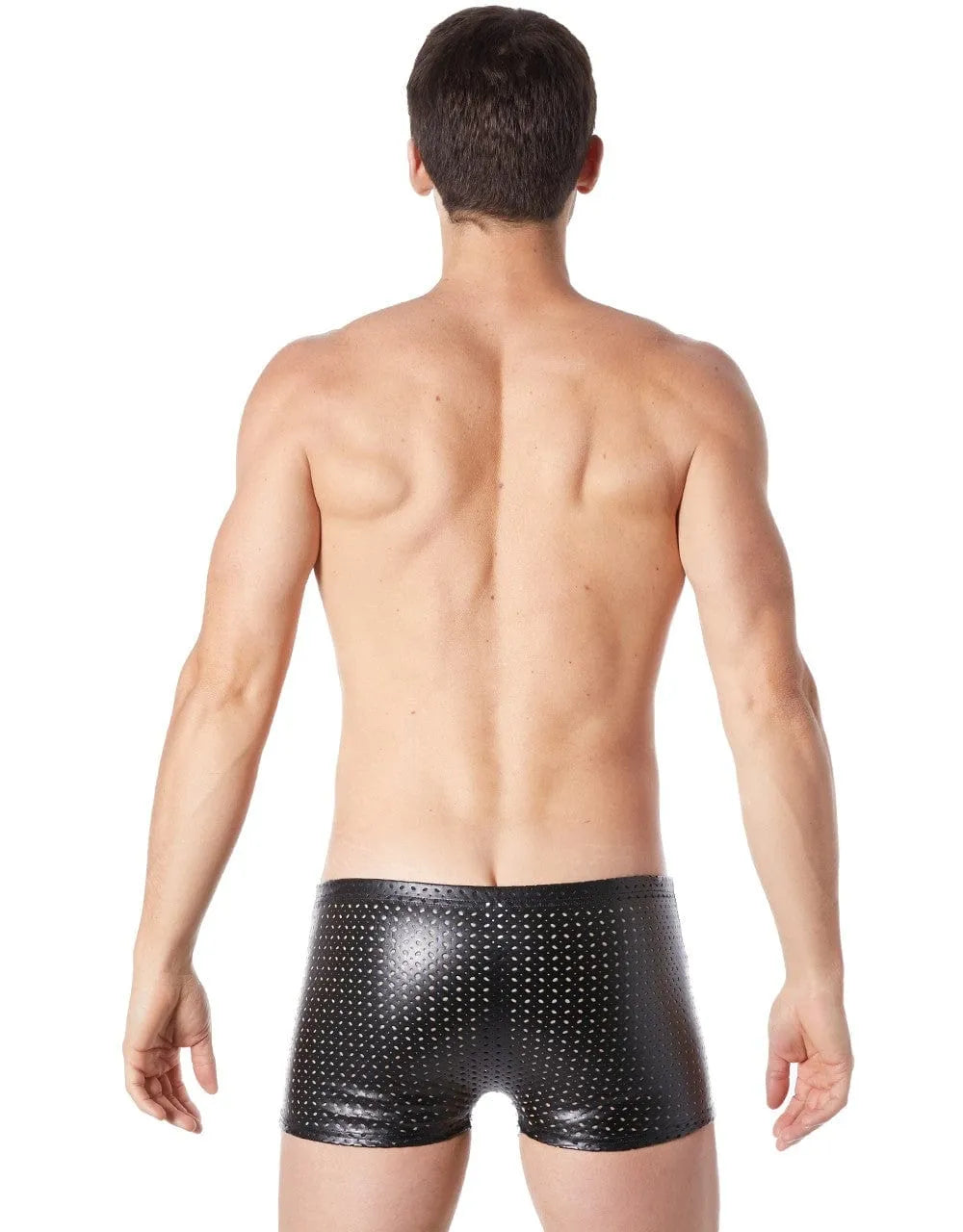 Caleçon moulant homme noir vinyle brillant, ajouré trous discrets, effet fétichiste, extensible, confortable.