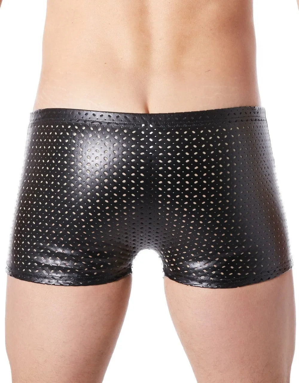 Caleçon moulant homme noir vinyle brillant, ajouré de trous discrets, style fétichiste, confortable et extensible.