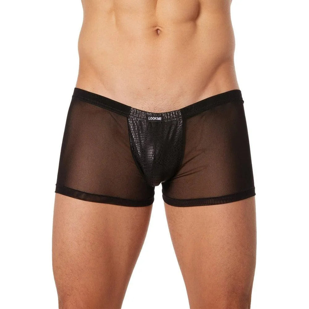 boxer sexy homme noir transparent reptile avant dos cuir synthétique élasthanne polyester ajusté moulant audacieux séduisant sensuel érotique glamour