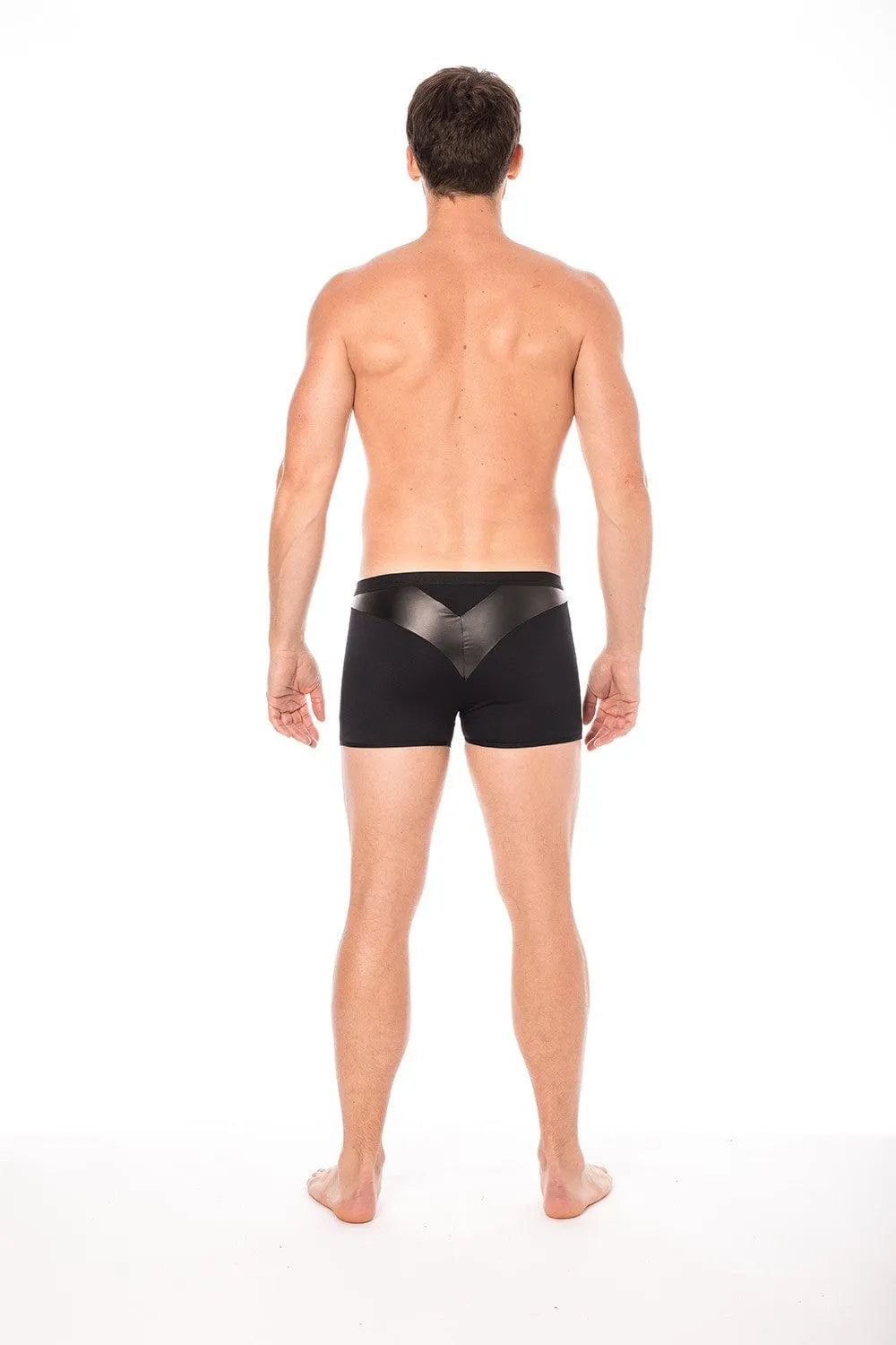 Boxer homme noir moulant, bande simili cuir pointe, tissu doux et extensible, design moderne et audacieux.