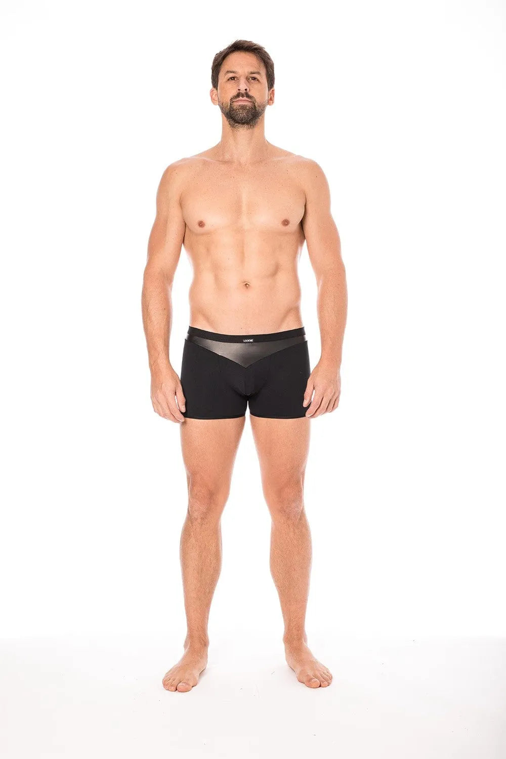 Boxer homme simili cuir noir, tissu doux extensible, design moderne, collection DARK SUN, confort et style audacieux.