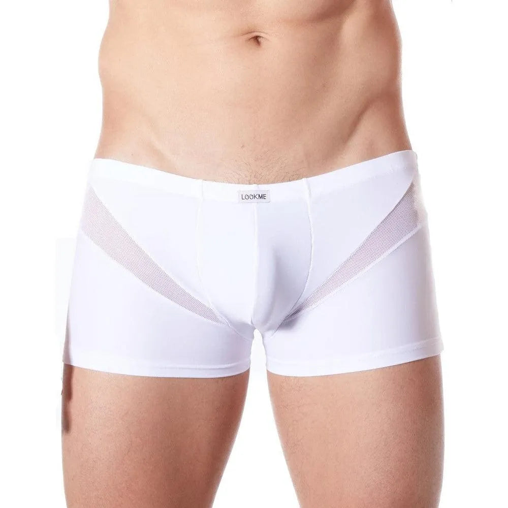 caleçon boxer homme blanc sensuel confortable doux extensible respirant polyester élasthanne résille bandes V coupe ajusté séduisant